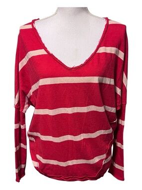 We The Free red and cream striped lightweight sweater lived-in raw hem fraying